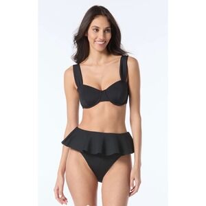 Vince Camuto Womens Black Underwire Bikini Top and Ruffle Bottom Set Size L NEW